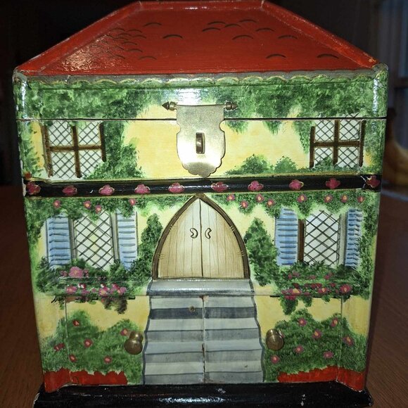Vintage Wooden Jewelry Trinket Box Hand Painted House - Picture 1 of 9